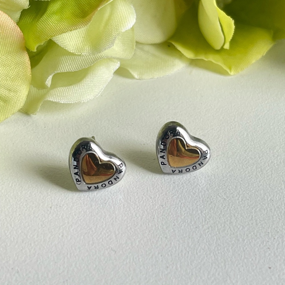 Pandora Two-Tone Heart Stud Earrings - Gold & Silver